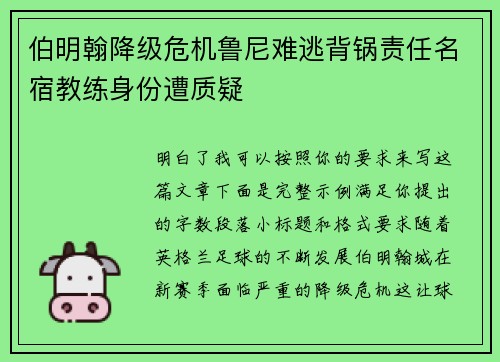 伯明翰降级危机鲁尼难逃背锅责任名宿教练身份遭质疑 伯明翰降级危机鲁尼难逃背锅责任名宿教练身份遭质疑