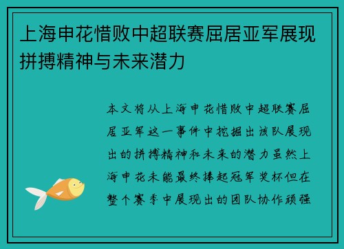 上海申花惜败中超联赛屈居亚军展现拼搏精神与未来潜力 上海申花惜败中超联赛屈居亚军展现拼搏精神与未来潜力